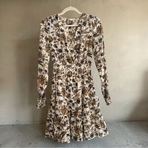 THML Beige and Black Floral Long Sleeve Midi Dress
